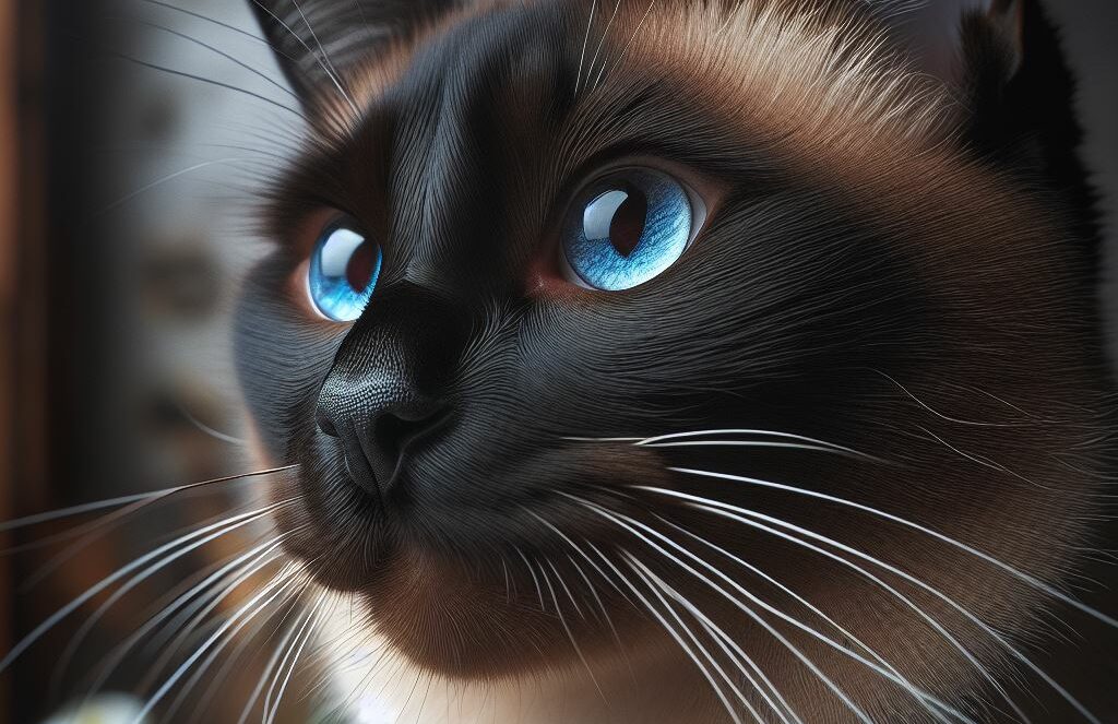 un gatto siamese che fissa intensamente un punto. L'immagine evidenzia il cambio di colore del manto dei gatti siamesi, dovuto a diverse cause.
