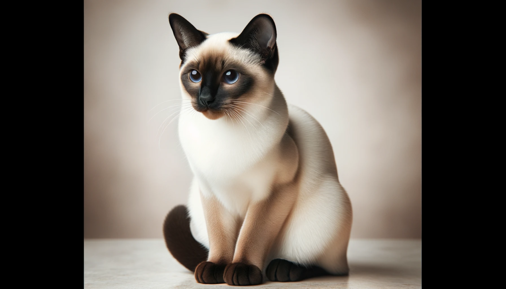 Gatto Siamese Seal Point con manto chiaro e punti scuri, occhi azzurri, in posa elegante.