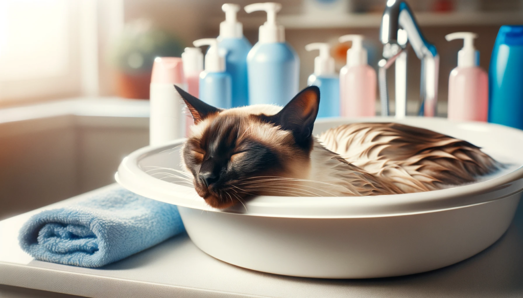 Gatto Siamese durante un bagno tranquillo in vasca, con shampoo specifico per gatti e asciugamani morbidi.