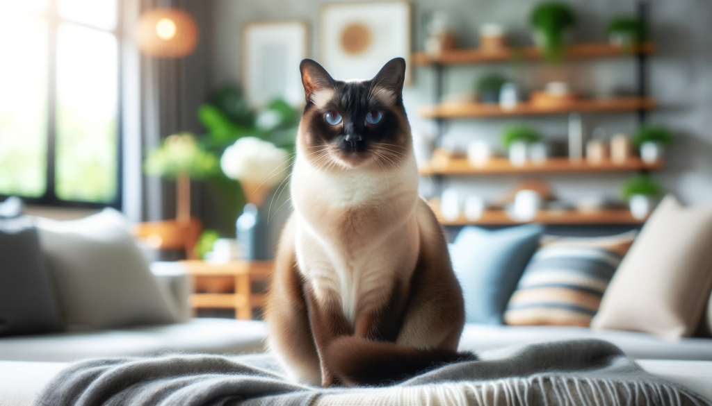Un elegante gatto siamese con il suo mantello caratteristico e gli occhi azzurri seduto in un ambiente domestico accogliente, ideale per chi cerca esemplari di gatti siamesi in vendita.