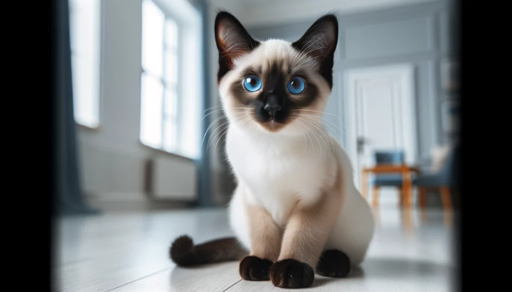 Un gatto siamese dallo sguardo attento, con occhi blu vivaci e il tipico mantello crema con punte scure, rappresentativo dei tipi di gatto siamese, si trova in un ambiente interno luminoso ed accogliente.
